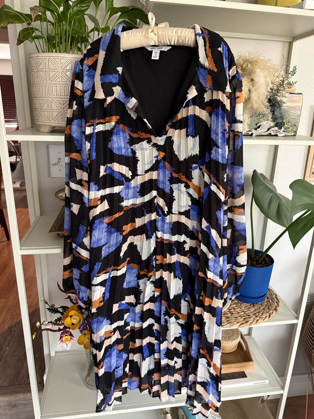 Nine West Black Multi-Color Pleated Long Sleeve Dress